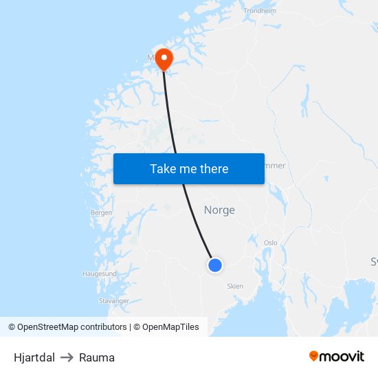 Hjartdal to Rauma map