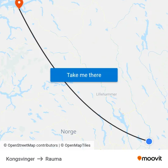 Kongsvinger to Rauma map