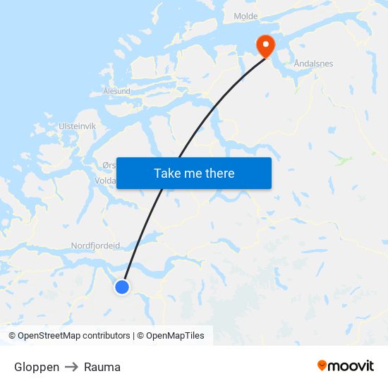 Gloppen to Rauma map