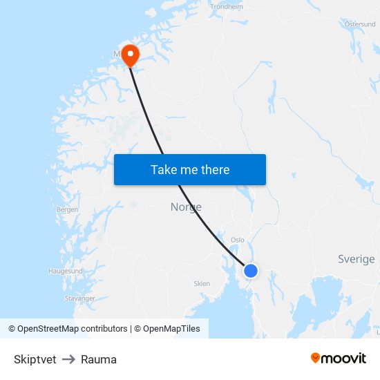 Skiptvet to Rauma map