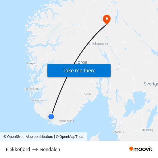 Flekkefjord to Rendalen map