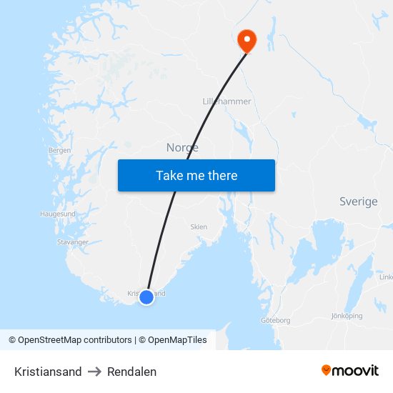 Kristiansand to Rendalen map