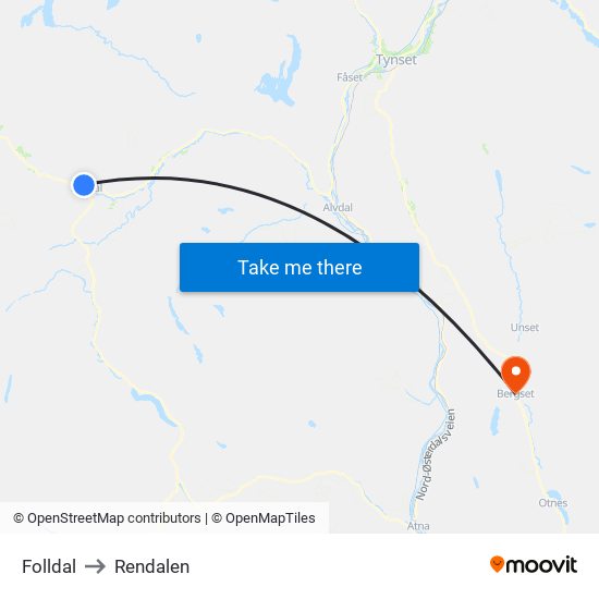 Folldal to Rendalen map