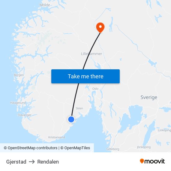 Gjerstad to Rendalen map