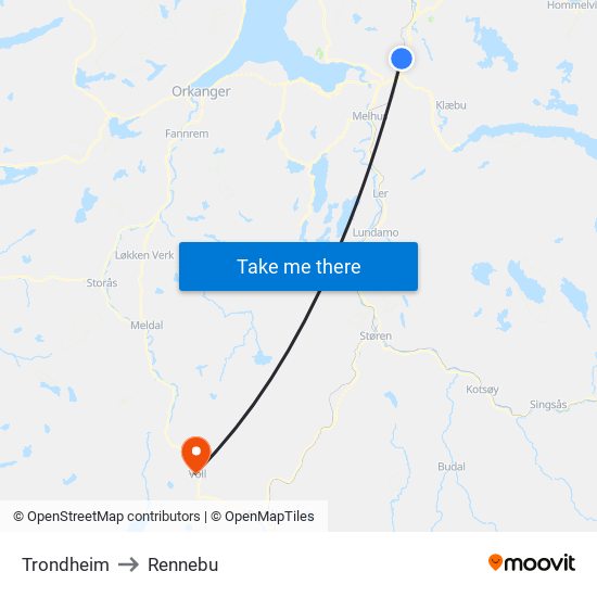 Trondheim to Rennebu map