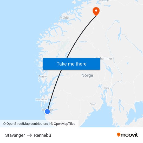 Stavanger to Rennebu map