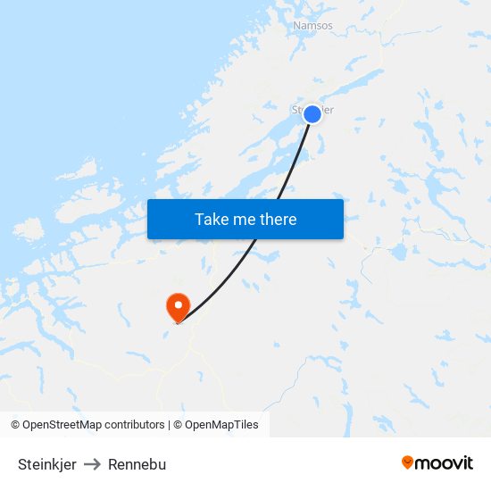 Steinkjer to Rennebu map