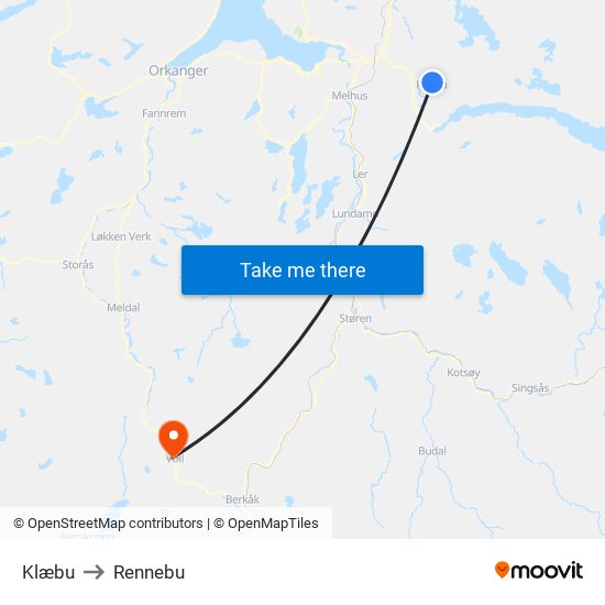 Klæbu to Rennebu map