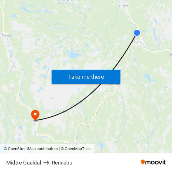 Midtre Gauldal to Rennebu map