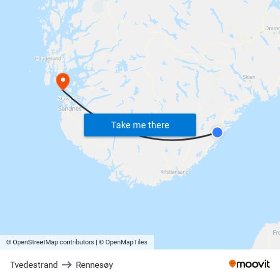 Tvedestrand to Rennesøy map