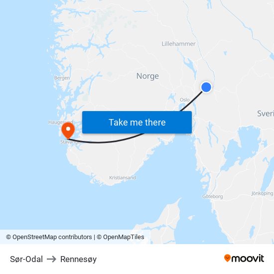 Sør-Odal to Rennesøy map