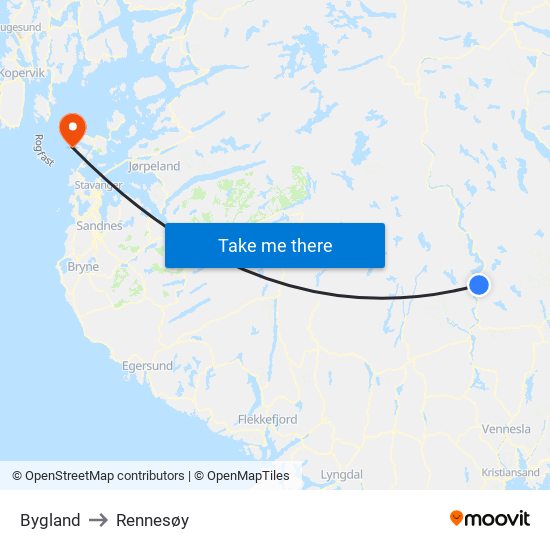 Bygland to Rennesøy map