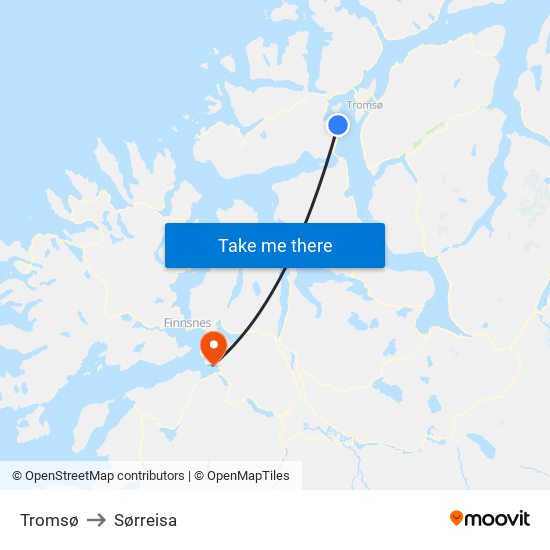 Tromsø to Sørreisa map