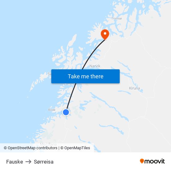 Fauske to Sørreisa map