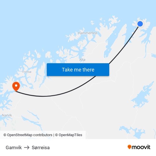 Gamvik to Sørreisa map