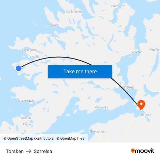 Torsken to Sørreisa map