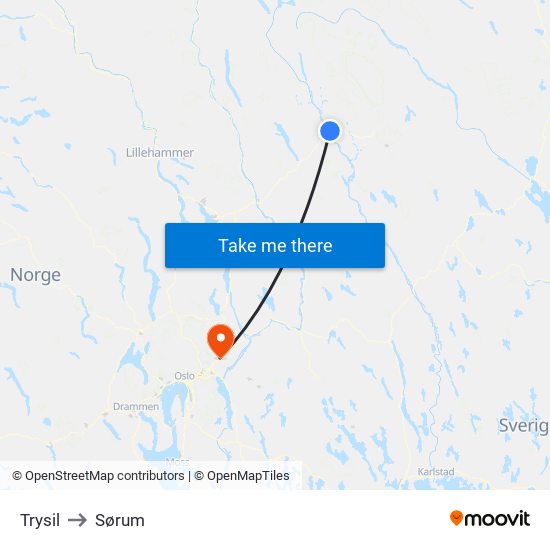 Trysil to Sørum map