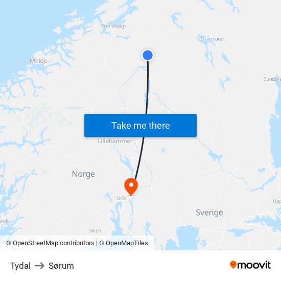 Tydal to Sørum map