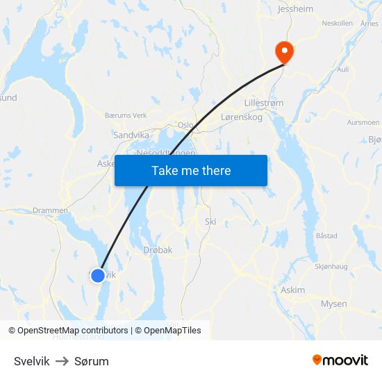 Svelvik to Sørum map