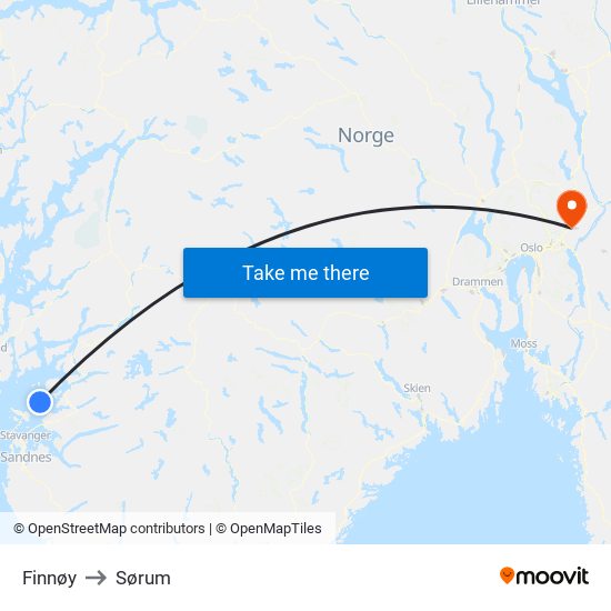 Finnøy to Sørum map