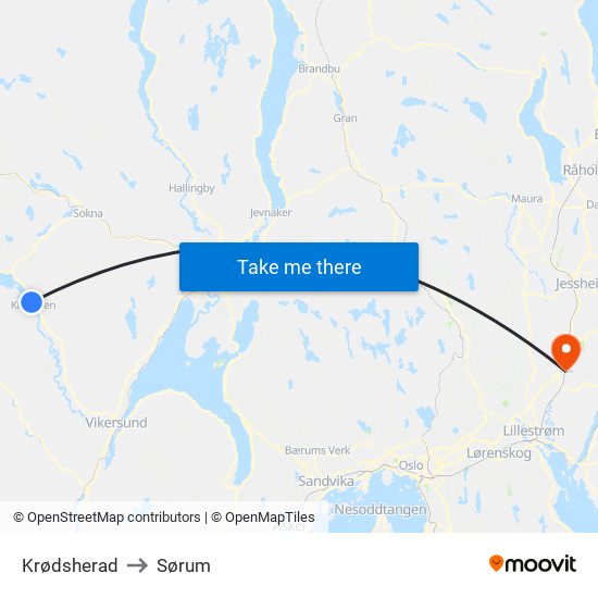 Krødsherad to Sørum map