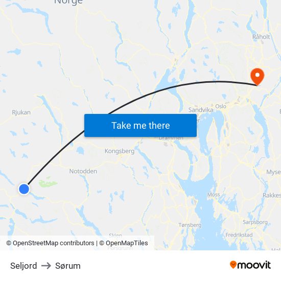 Seljord to Sørum map