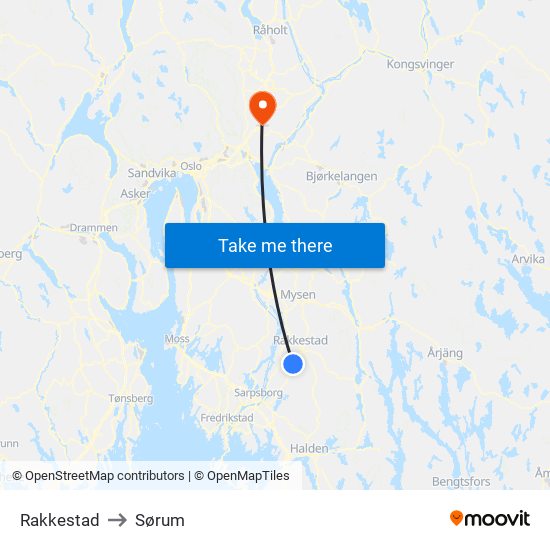 Rakkestad to Sørum map