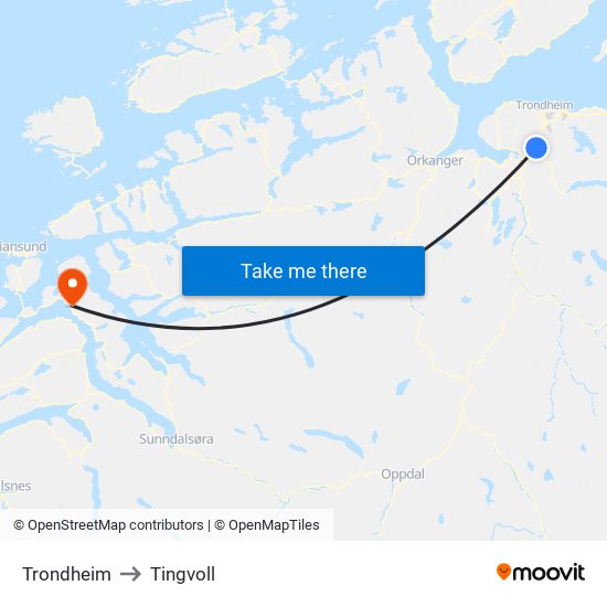 Trondheim to Tingvoll map