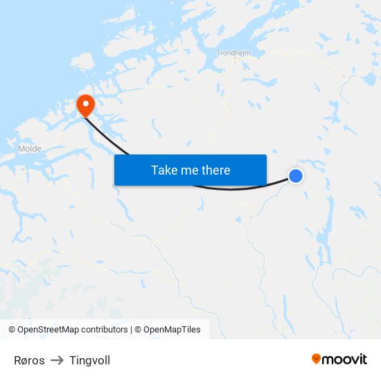 Røros to Tingvoll map