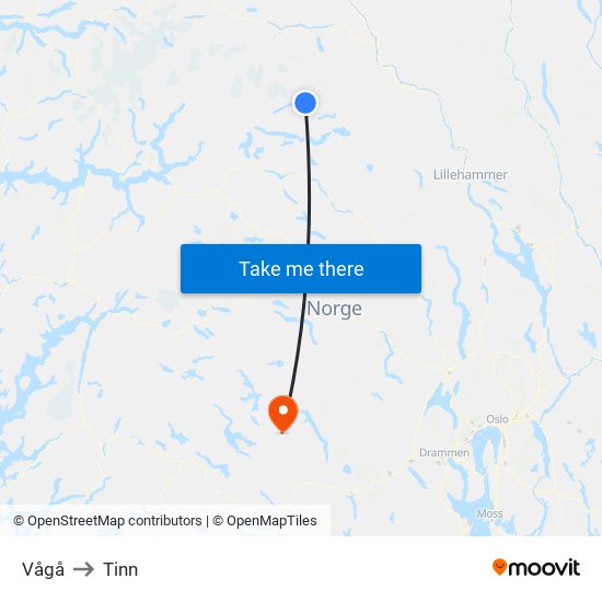 Vågå to Tinn map