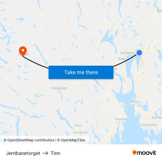 Jernbanetorget to Tinn map