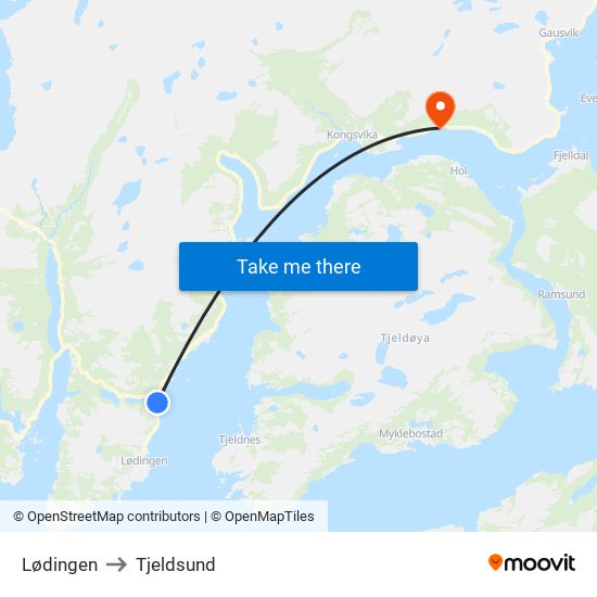 Lødingen to Tjeldsund map