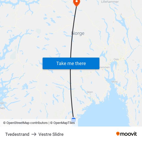 Tvedestrand to Vestre Slidre map