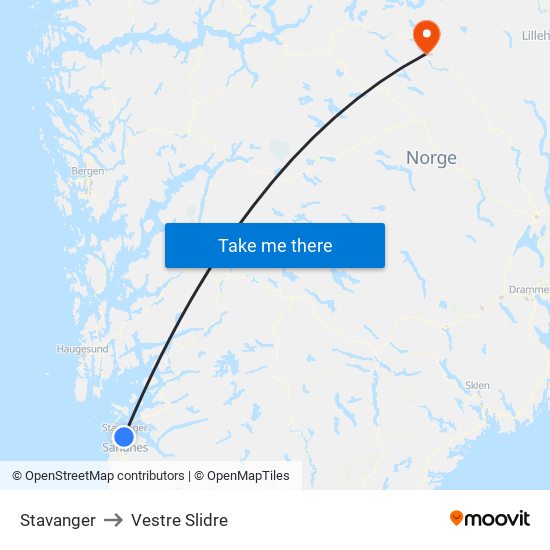 Stavanger to Vestre Slidre map