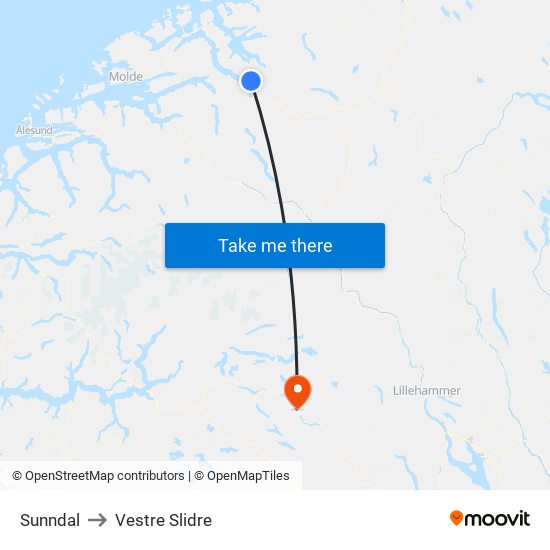 Sunndal to Vestre Slidre map