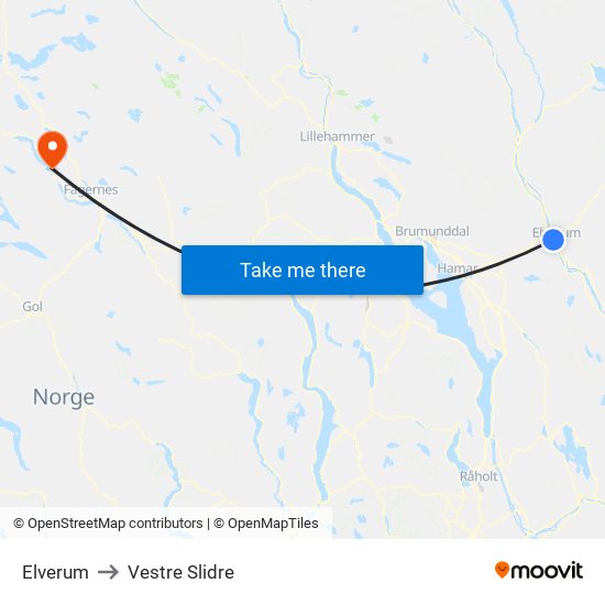 Elverum to Vestre Slidre map