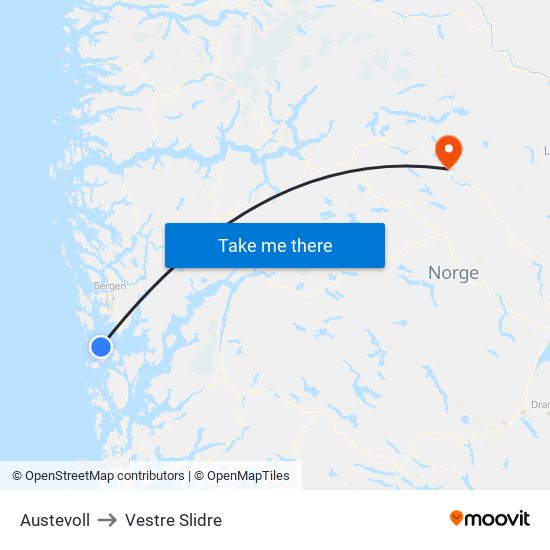 Austevoll to Vestre Slidre map