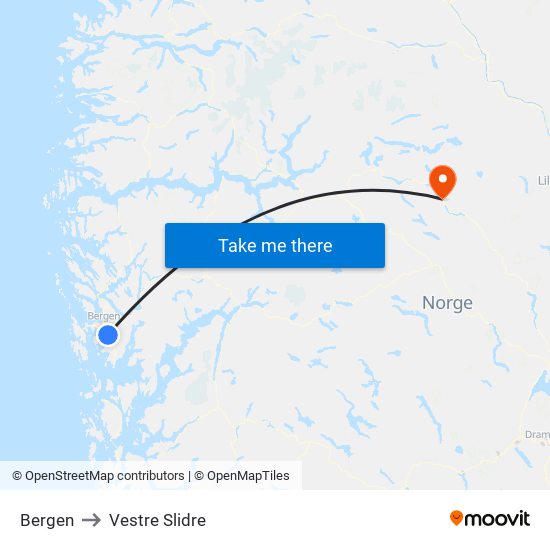 Bergen to Vestre Slidre map