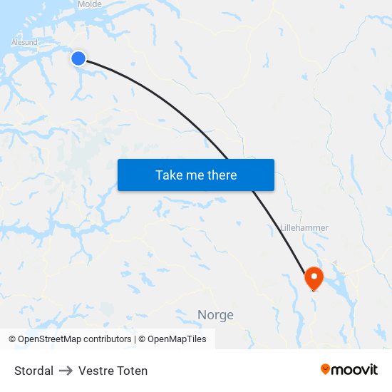 Stordal to Vestre Toten map