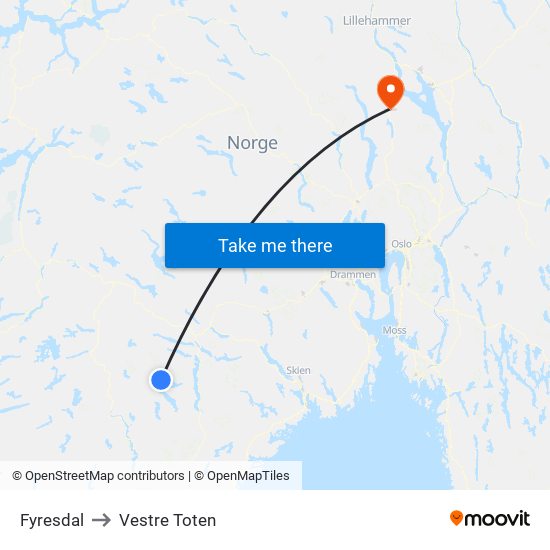 Fyresdal to Vestre Toten map