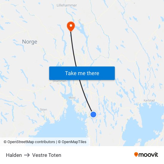 Halden to Vestre Toten map