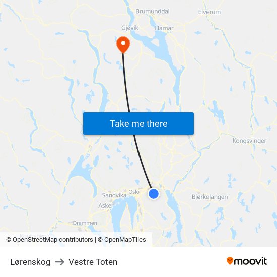 Lørenskog to Vestre Toten map