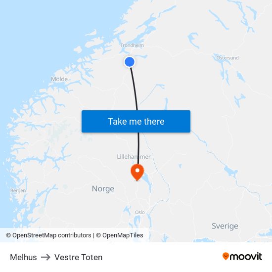 Melhus to Vestre Toten map