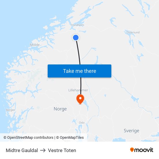 Midtre Gauldal to Vestre Toten map