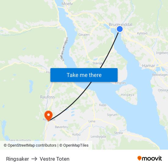 Ringsaker to Vestre Toten map