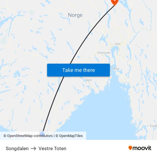 Songdalen to Vestre Toten map