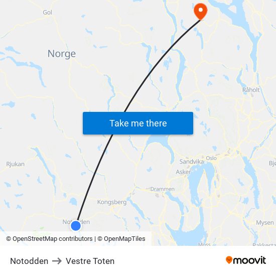 Notodden to Vestre Toten map