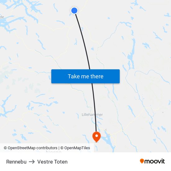 Rennebu to Vestre Toten map
