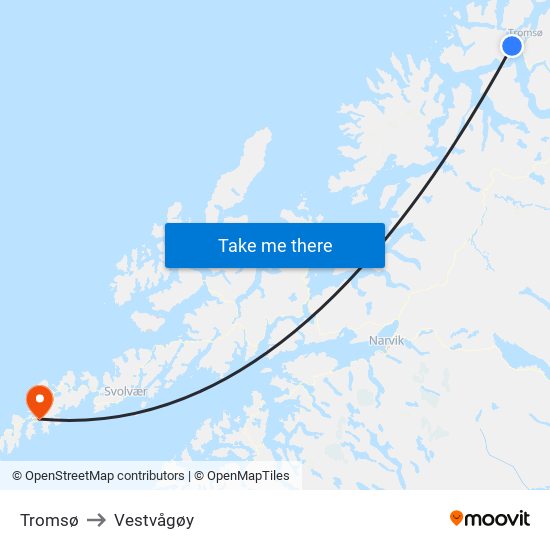 Tromsø to Vestvågøy map