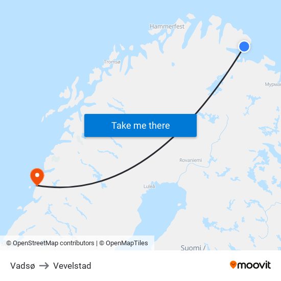 Vadsø to Vevelstad map